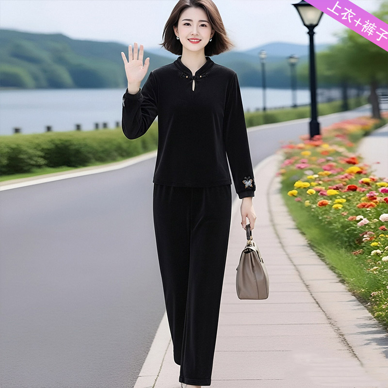 13802185.妈妈装圆领刺绣时尚上衣+裤子两件套装J8HYS6523