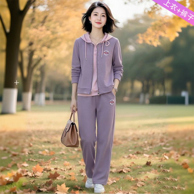 13802267.妈妈装休闲连帽时尚假两件上衣+裤子两件套装J8HCY988
