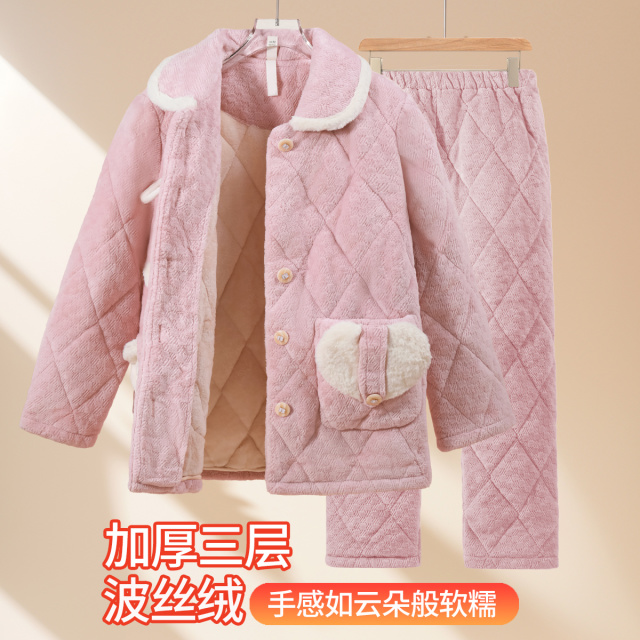 13801976.捡漏【波丝绒加厚三层】女士家居服套装翻领带口袋设计保暖可外穿