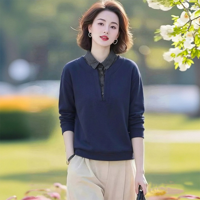 13802239.妈妈装设计感假两件翻领休闲上衣J8HHL2606
