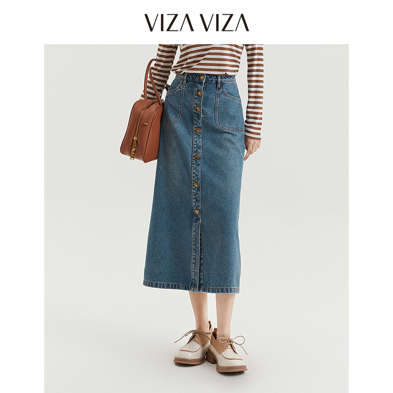 13804828.VIZA VIZA 纯棉水洗牛仔高腰直筒半身裙