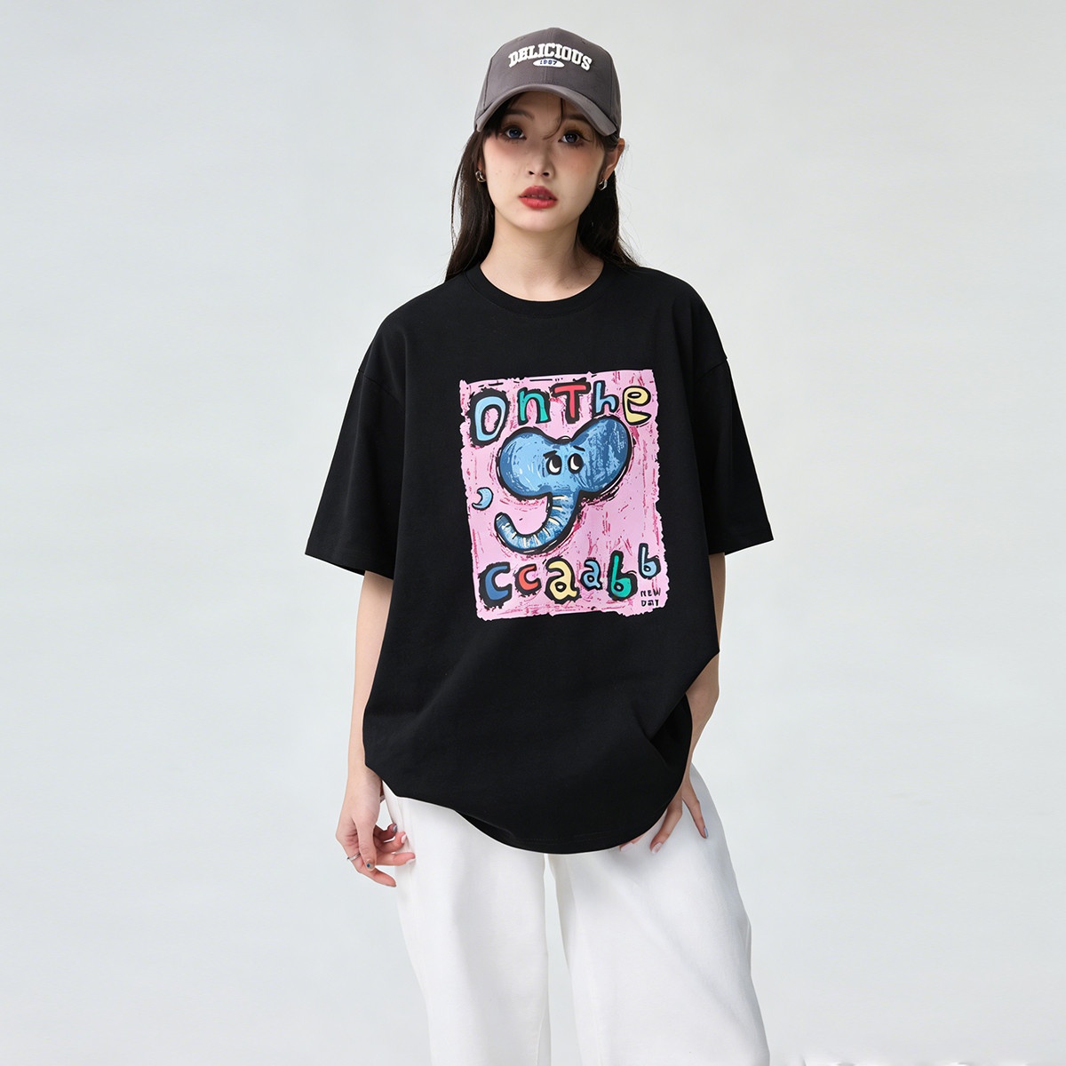 13803808.it ccaabb夏季纯棉小象印花T恤短袖宽松遮肉休闲上衣女