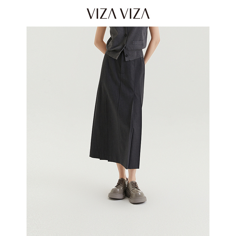 13804847.VIZA VIZA 气质条纹西装裙高腰半身裙