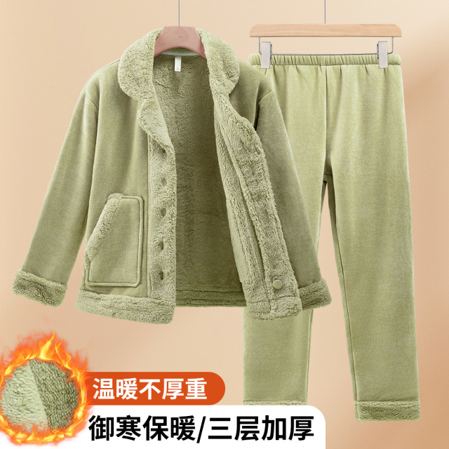 13804338.捡漏【加绒加厚】羊丽绒秋冬保暖翻领带口袋女士家居服套装可外穿