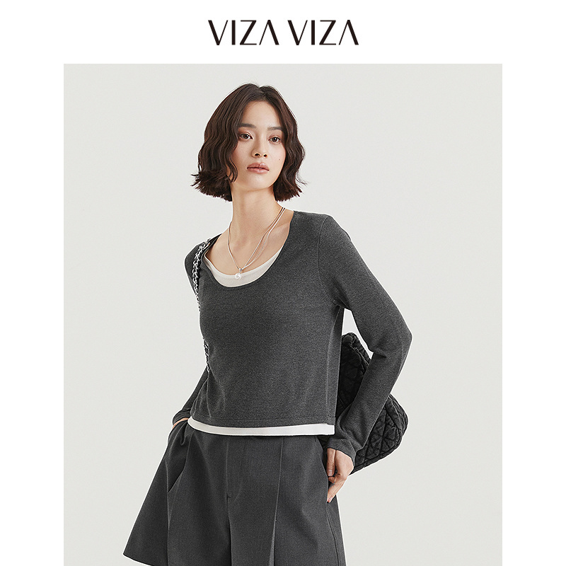 13804863.VIZA VIZA 正肩显瘦假两件毛针织衫