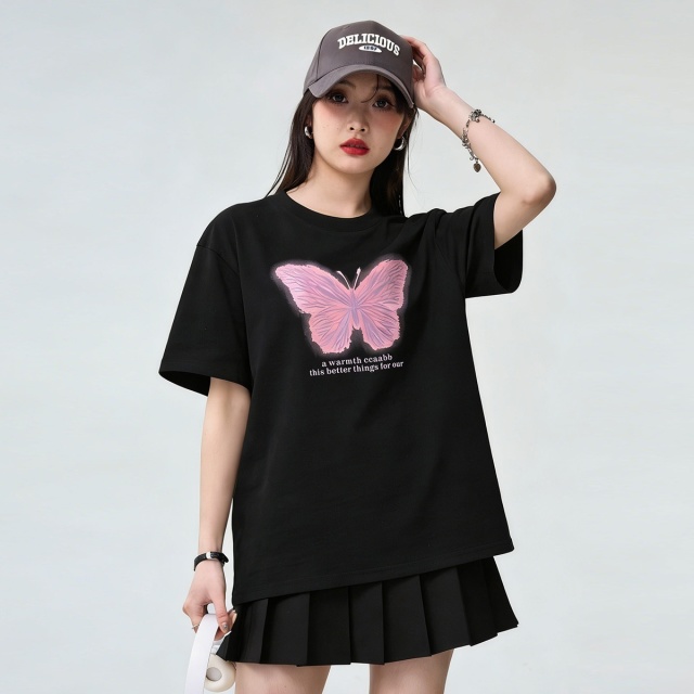 13803805.it ccaabb蝴蝶印花短袖t恤女夏季纯棉宽松休闲短袖潮牌