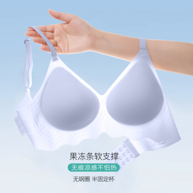 13804351.内衣女透气无痕薄款凉感夏聚拢无钢圈软支撑半固定杯美背文胸罩新