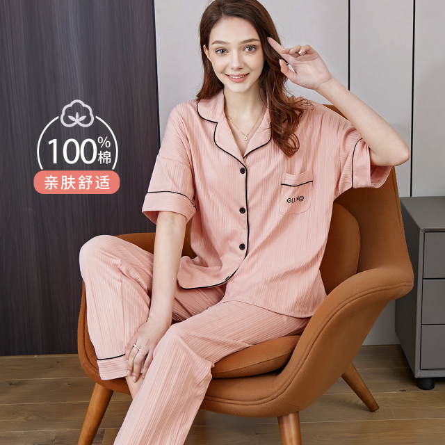 13804342.【100%纯棉】春夏休闲短袖可外穿睡衣女士家居服女士睡衣套装