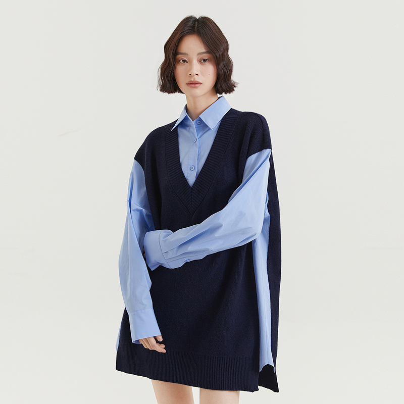 13804853.VIZA VIZA 宽松拼接长袖假两件连衣裙