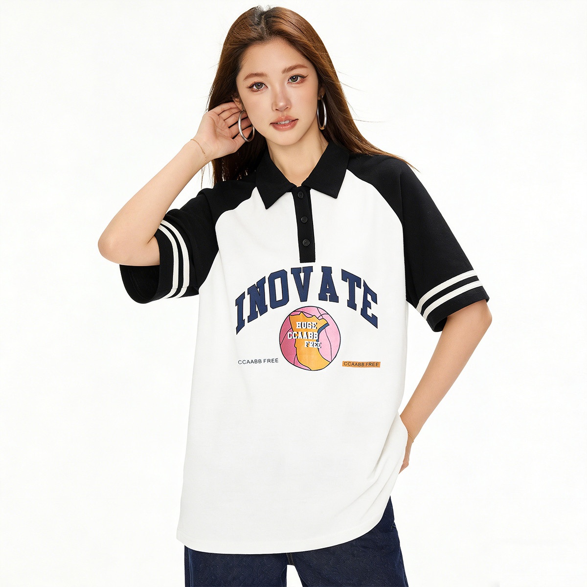 13803817.it ccaabb夏季撞色印花POLO领短袖oversize