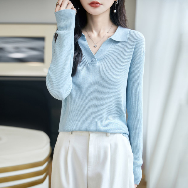 13808278.丹芙娅简约风翻领针织衫女复古韩系老钱风polo领长袖打底衫百搭通勤上衣