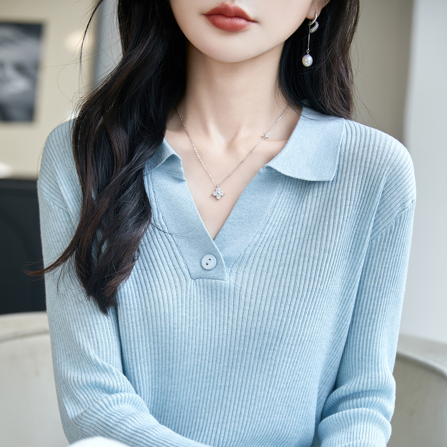 13808278.丹芙娅简约风翻领针织衫女复古韩系老钱风polo领长袖打底衫百搭通勤上衣