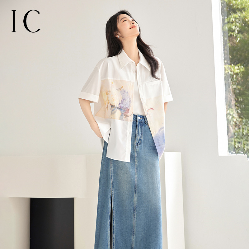 13806387.油画印花百搭短袖衬衫