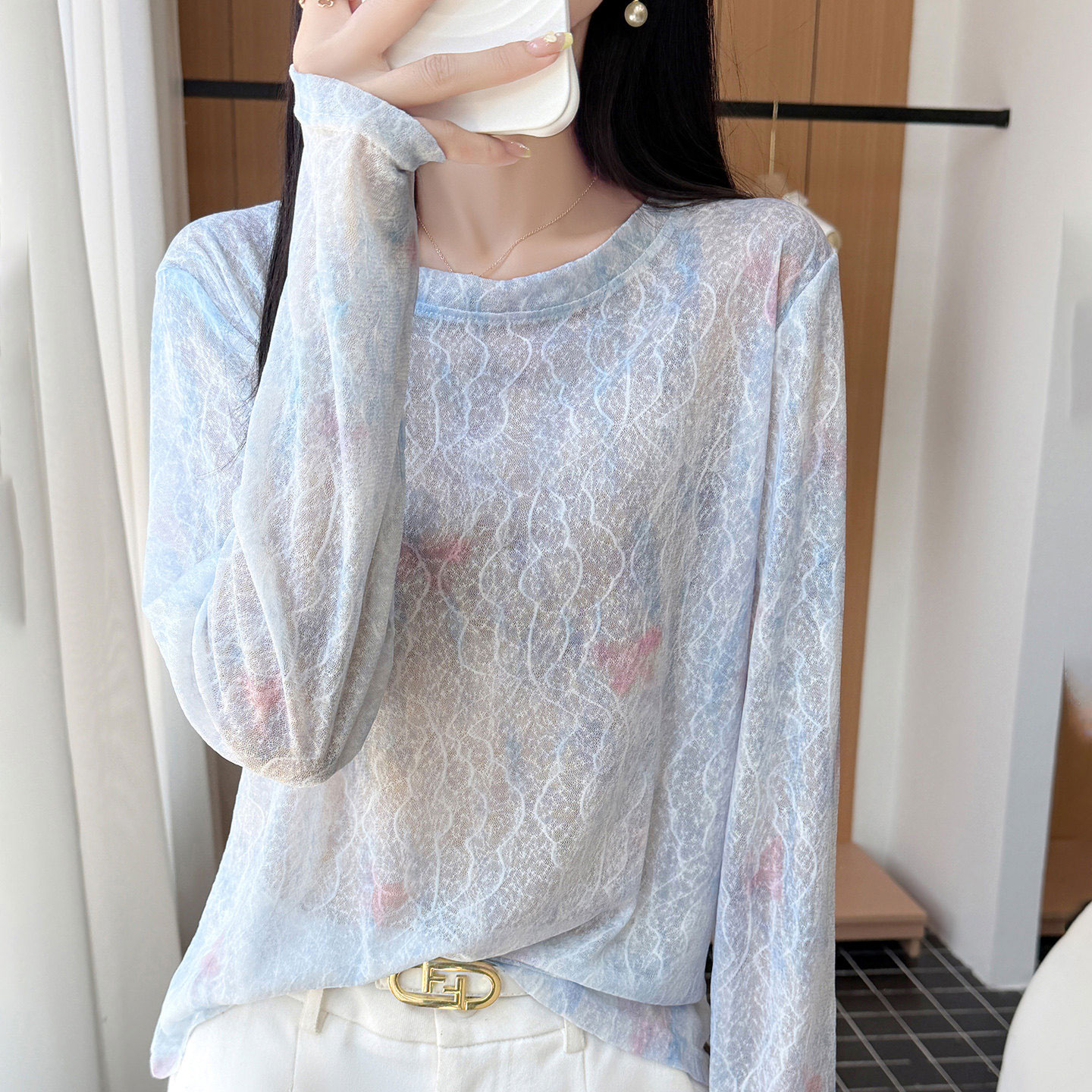 13808269.丹芙娅法式温柔风晕染水墨印花长袖T恤女百搭网纱防晒罩衫空调衫上衣潮