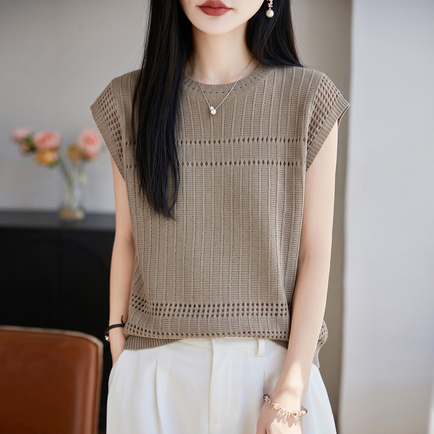 13808314.丹芙娅老钱风镂空针织小飞袖T恤女夏薄爆款复古松弛感圆领短袖气质上衣