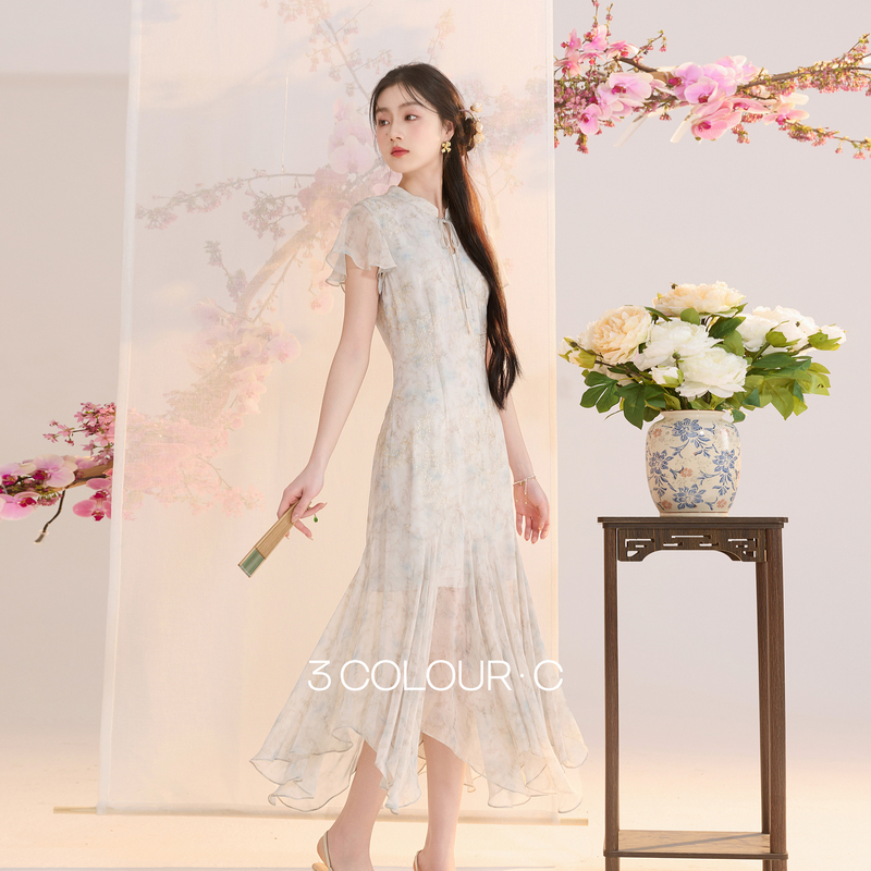 13303297.【花影流光】三彩2026夏季新款新中式连衣裙雪纺绣花中长裙C