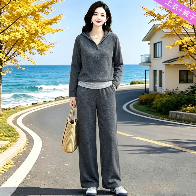 13812193.妈妈装休闲连帽假两件上衣+裤子两件套装J8HYZ2676
