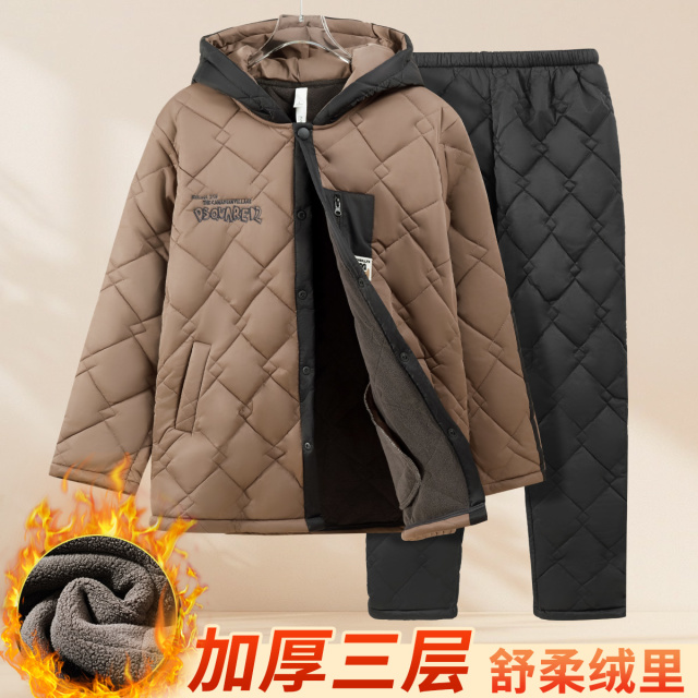 13811971.捡漏【巨暖小火炉】三层加绒加厚防风御寒连帽男士家居服睡衣套装