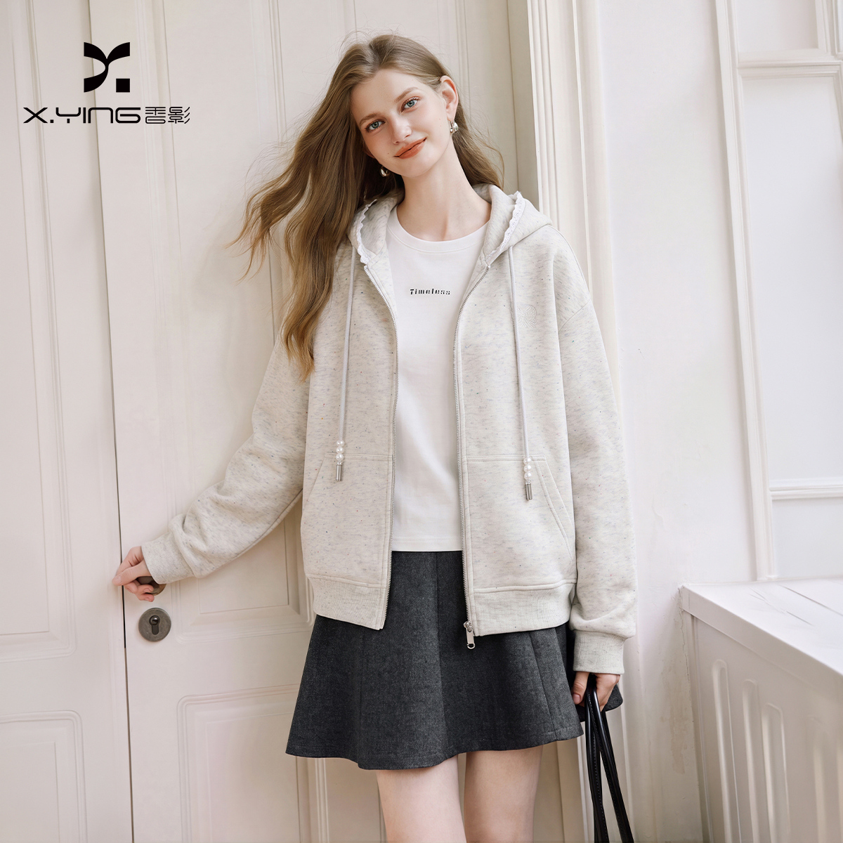 13812463.香影白色连帽卫衣外套女2026秋季新款蝴蝶结刺绣抽绳开衫休闲上衣