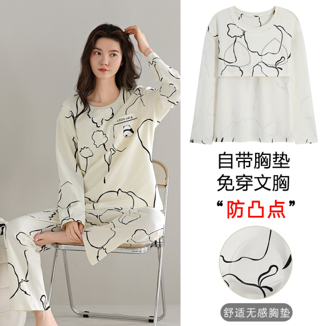 13814273.猫人纯棉睡衣女士带胸垫秋冬季100%棉长袖圆领可外穿家居服套装