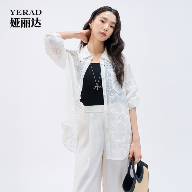 13813181.【娅丽达】松弛感轻薄天丝衬衫女时尚镂空开叉衬衣外套女