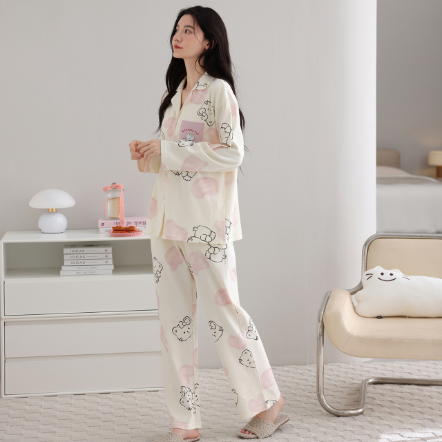 13814277.猫人睡衣女纯棉秋冬季长袖带胸垫松弛感家居服套装开衫可外穿