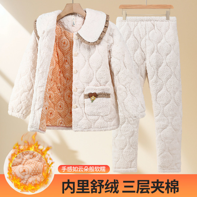 13816149.捡漏【荞麦绒厚棉三层夹棉】女士家居服套装翻领设计舒适保暖秋冬