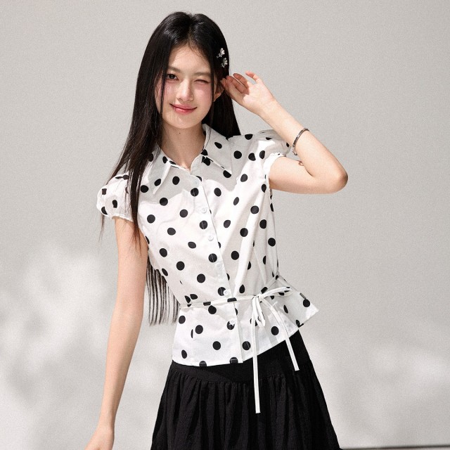 13817225.CHOCOOLATE复古黑白波点衬衫修身显瘦泡泡袖时尚女上衣