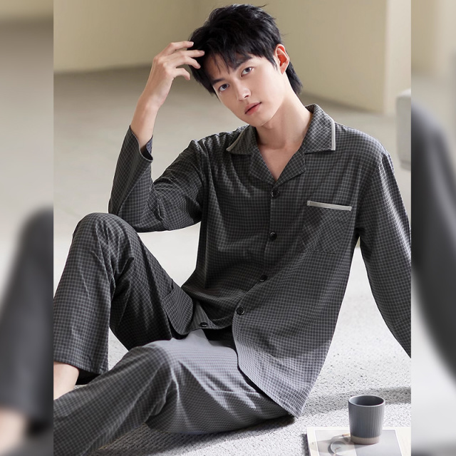13817608.品彩【始于颜值/忠于品质】简约绅士风家居服开衫长袖长裤两件套6211