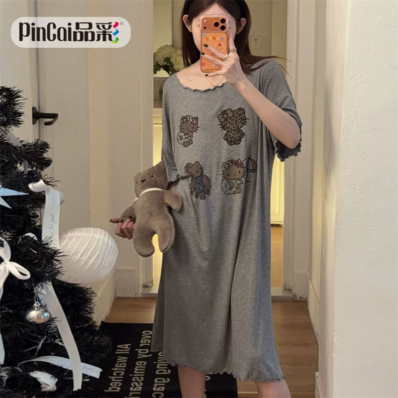 13817603.品彩【自带胸垫/免穿文胸】卡通可爱kitty猫短袖睡裙可外穿5526
