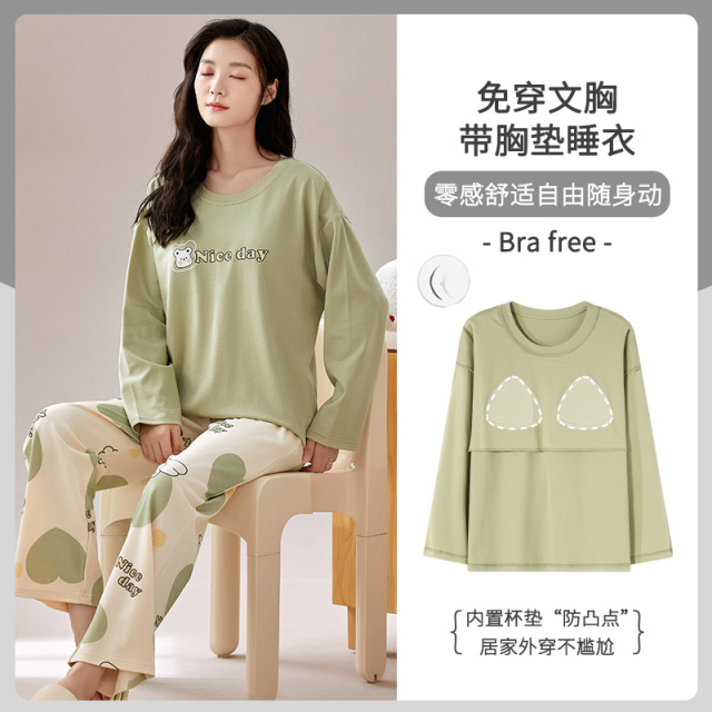 13817598.品彩【居家外穿不尴尬】带胸垫睡衣女春秋长袖趣味别致印花家居服9956