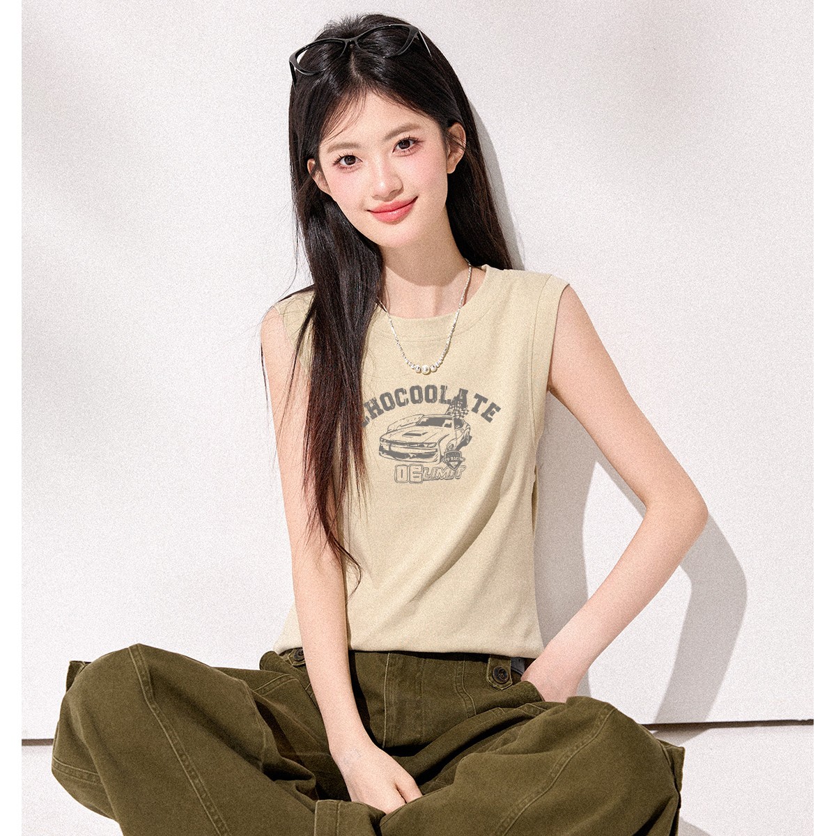 13817227.CHOCOOLATE夏季薄款印花圆领无袖背心休闲百搭t恤上衣
