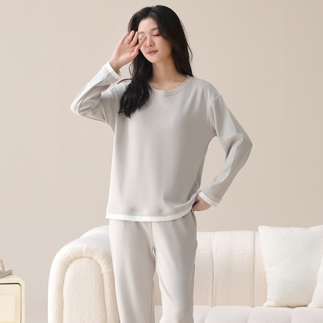 13817679.派邦奴26年秋冬款女士假两件纯棉套头灰色简约睡衣套装ck