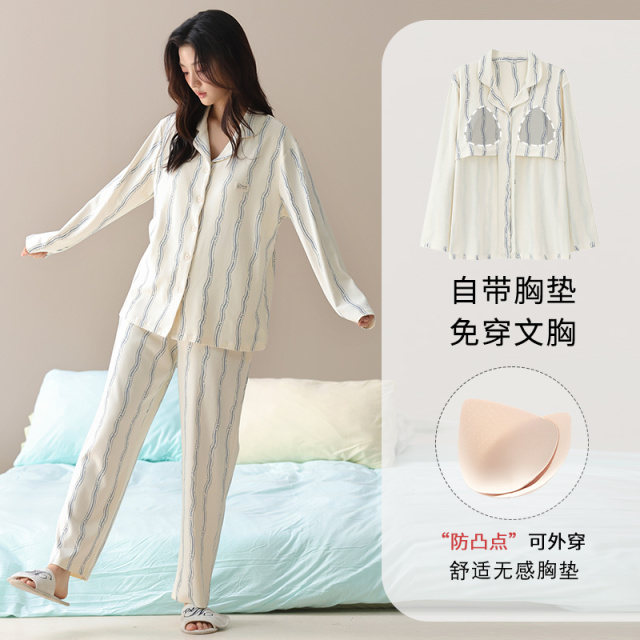 13817675.派邦奴秋冬情侣款纯棉带胸垫条纹简约显瘦男款女款睡衣套装ck
