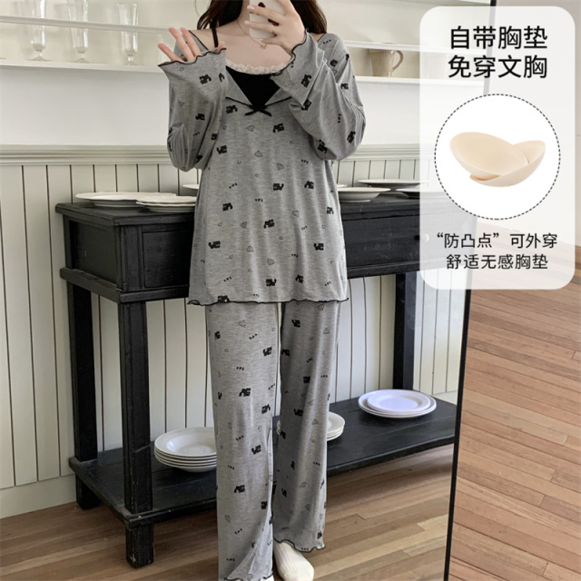 13817685.派邦奴秋冬季新款时尚感灰色自带杯垫设计舒适可外穿睡衣ck