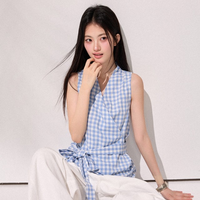 13817235.CHOCOOLATE美式复古小众设计V领无袖衬衫绑带收腰上衣