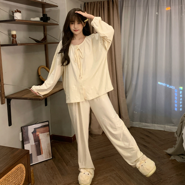 13817687.派邦奴冬季新款女士开衫绑带设计时尚感纯色长袖长裤睡衣套装ck