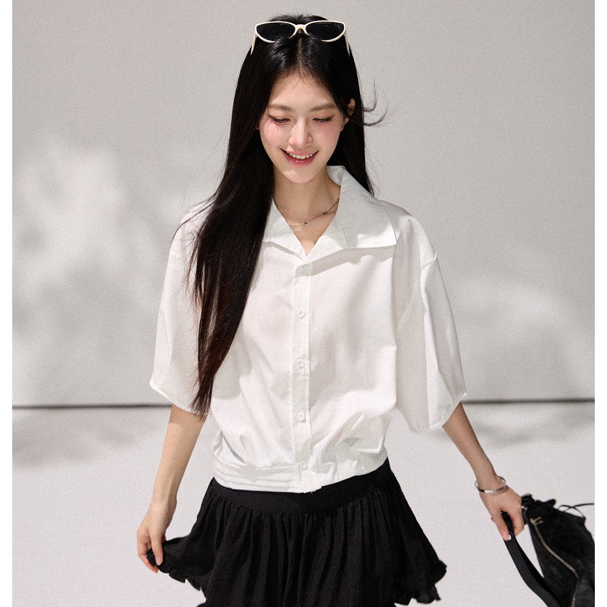 13817224.CHOCOOLATE极简风慵懒随性中袖衬衣RI日常通勤女上衣