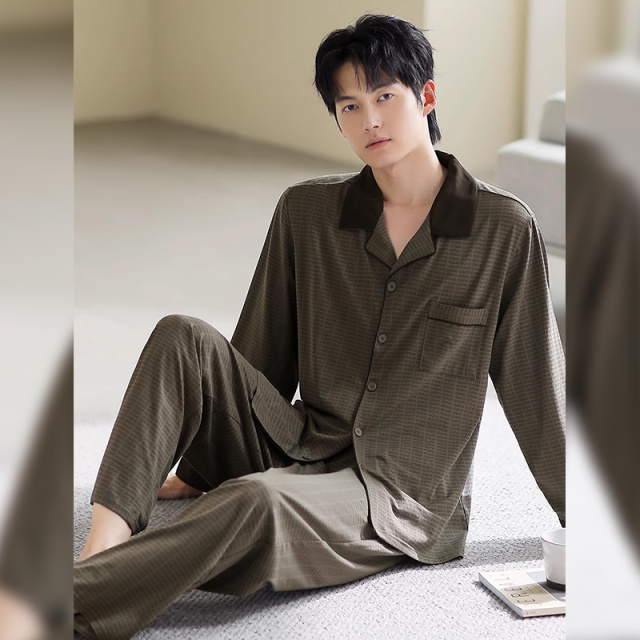 13817609.品彩【始于颜值/忠于品质】简约绅士风家居服开衫长袖长裤两件套6216
