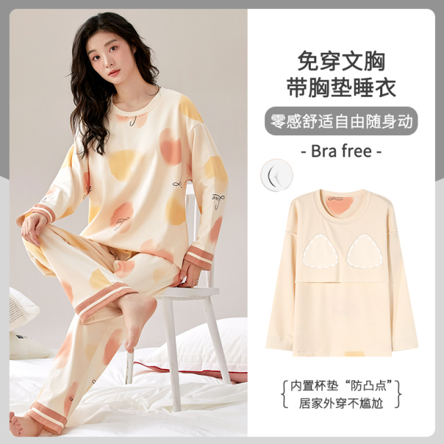 13817599.品彩【居家外穿不尴尬】带胸垫睡衣女春秋长袖趣味别致印花家居服9955
