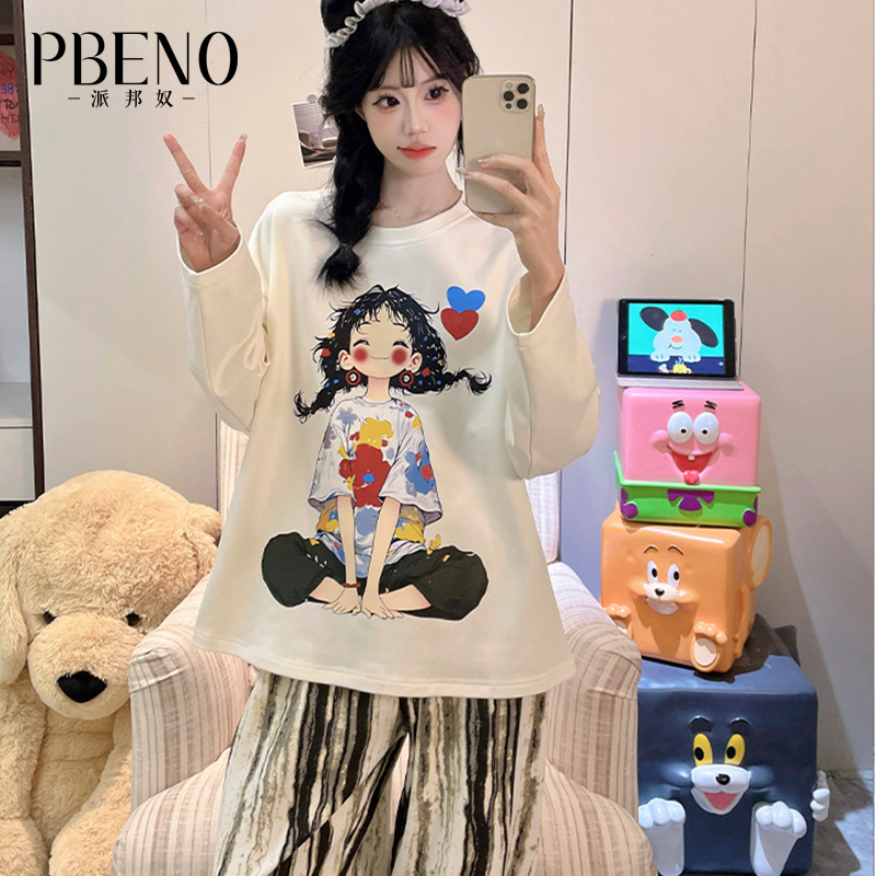 13817680.派邦奴秋冬上新款可爱卡通印花简约舒适圆领套头睡衣套装ck