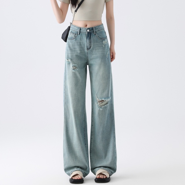 13817465.ccaabb破洞牛仔裤女款高腰宽松阔腿裤夏季美式复古百搭长裤