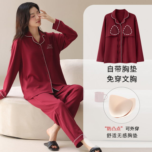 13817672.派邦奴情侣本命年新婚大红色纯棉舒适开衫自带胸垫睡衣套装ck