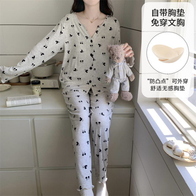 13817684.派邦奴冬季女士开衫纽扣卡通小鼠印花满印亲肤舒适睡衣套装ck