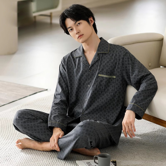 13817595.品彩【始于颜值/忠于品质】简约绅士风家居服开衫长袖长裤两件套6147