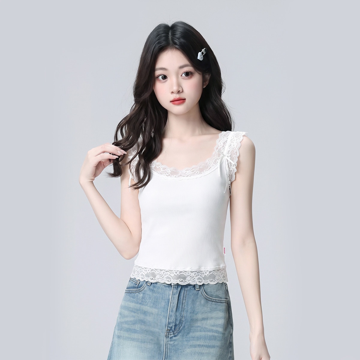 13817229.CHOCOOLATE甜美少女蕾丝花边无袖背心辣妹显瘦内搭上衣