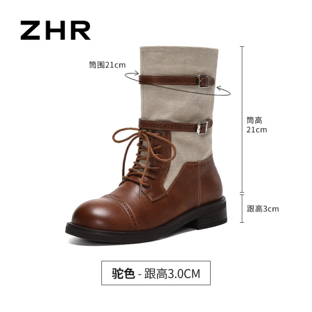 13822992.【ZHR则则】马丁靴圆头系带厚底女鞋[PU+帆布]