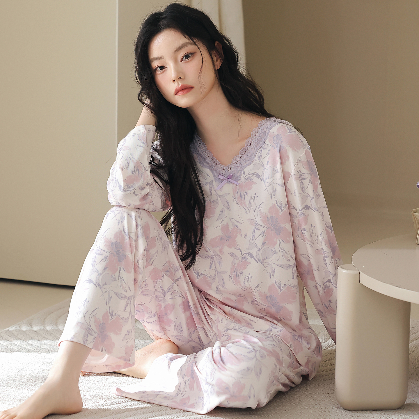 13818001.猫人100%纯棉睡衣女款秋春新款长袖休闲早秋季家居服套装