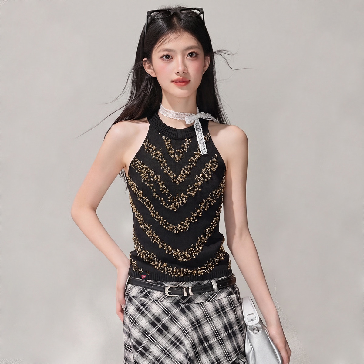 13818771.CHOCOOLATE小香风钉珠挂脖吊带背心辣妹针织无袖女上衣