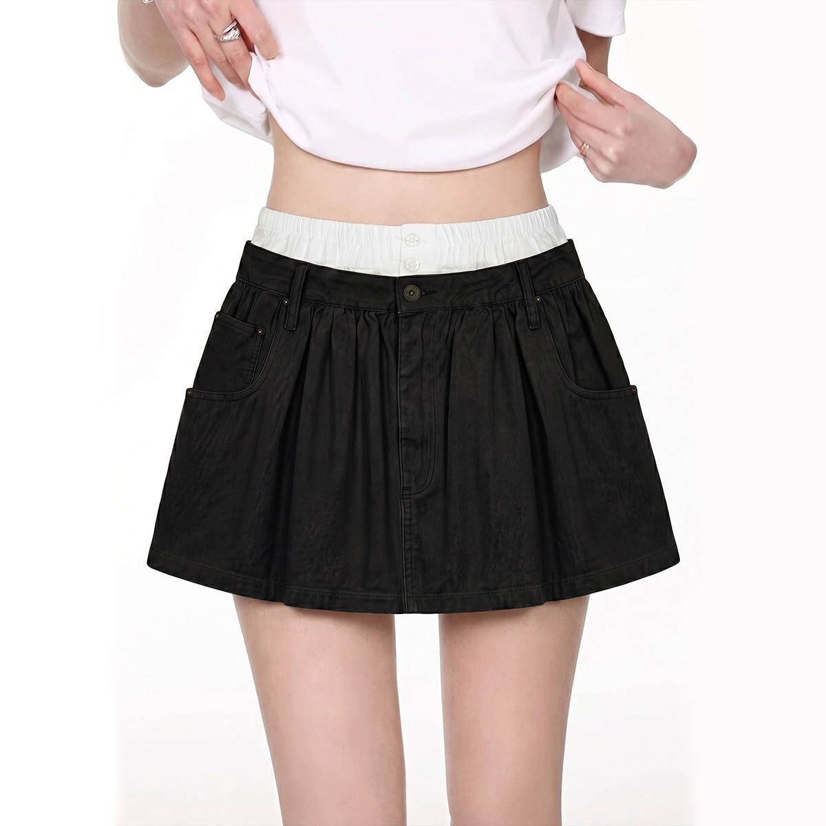 13818295.CHOCOOLATE撞色拼接松紧腰半身裙甜美少女休闲A字短裙